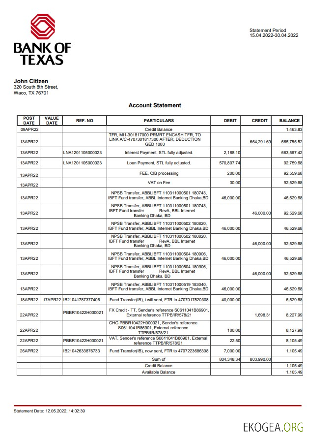 Relevé de compte de la USA Bank of Texas
